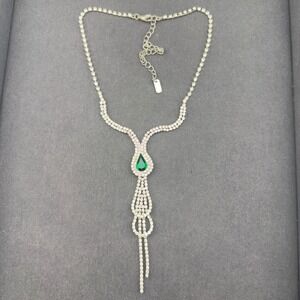 Green Glass Teardrop Rhinestone Y-Drop Necklace Silver Tone Statement